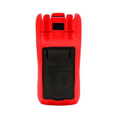 Dispositivo portátil vermelho com tampa preta e texto de certificações na parte traseira.