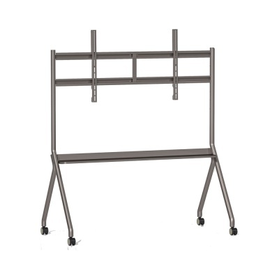Estrutura metálica cinzenta com rodas para suporte de monitor