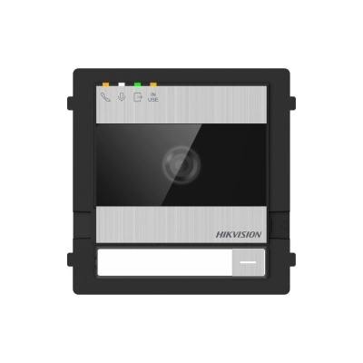 Intercomunicador Hikvision preto e prateado com lente central e botão retangular