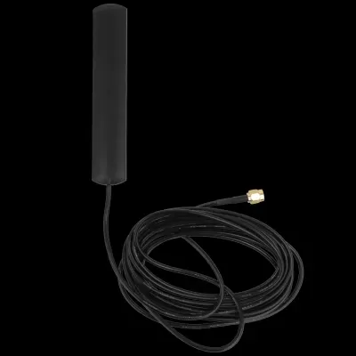 Antena retangular preta com cabo coaxial preto e conector dourado