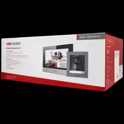 Caixa do kit Video Intercom Hikvision com imagem e texto explicativo.