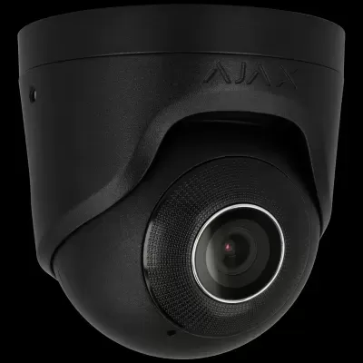 Câmara de segurança de cúpula preta com lente central e marca Ajax