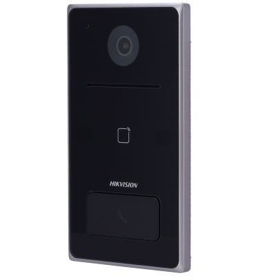 Intercomunicador Hikvision preto com botão de chamada e câmara
