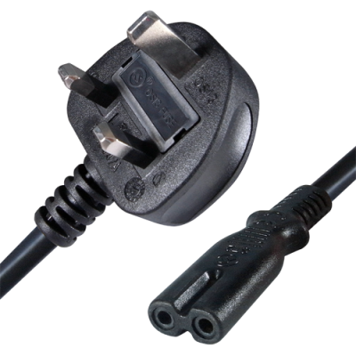 Cabo elétrico preto com ficha tripolar britânica e conector de dois pinos preto