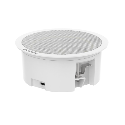 Coluna de teto redonda branca com grelha metálica e marca HIKVISION