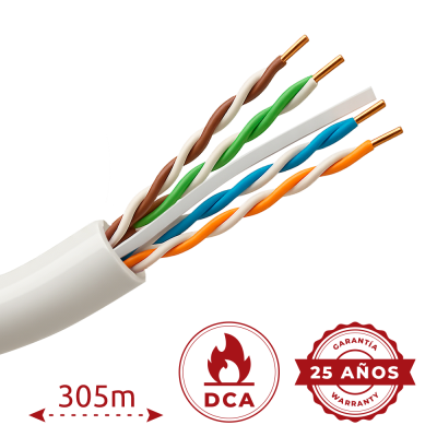 Cabo de rede com pares de fios trançados coloridos e selo de garantia 25 anos