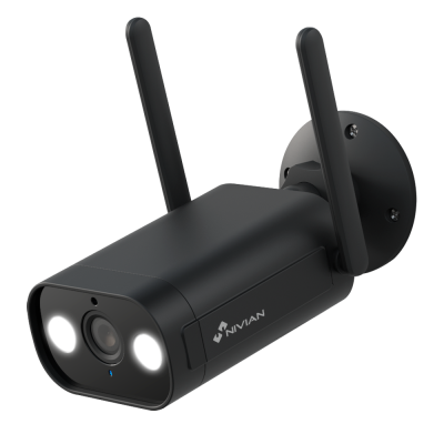 Câmara de vigilância preta com antenas e leds frontais