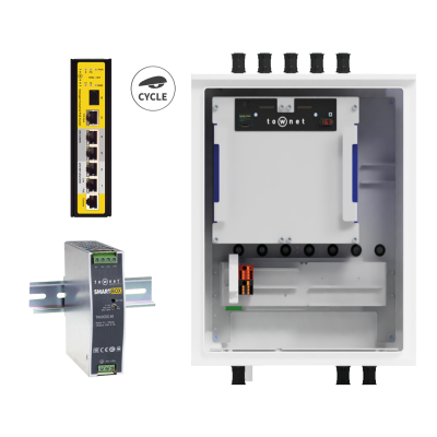 Conjunto de dispositivos eletrónicos Townet com caixa branca, módulo de rede amarelo e preto e fonte de alimentação metálica.
