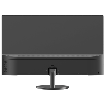 Monitor de computador preto visto de trás com base circular e portas laterais