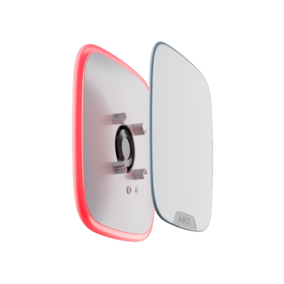 Dispositivo eletrónico branco com borda LED vermelha e texto AJAX