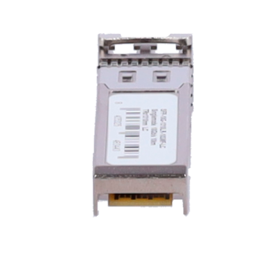 Módulo transceptor óptico SFP prateado com etiqueta e código de barras