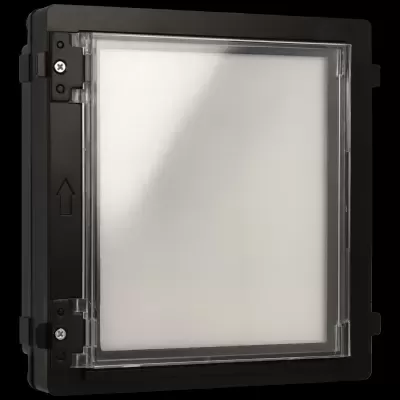 Painel de luz quadrado com moldura preta e tampa transparente.