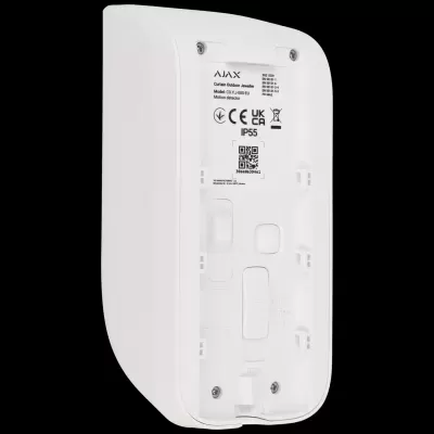 Sensor de movimento branco AJAX Curtain Outdoor Jeweller com etiquetas e certificações na parte traseira