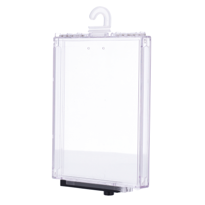 Caixa transparente de plástico rígido com gancho e base preta