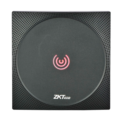 Leitor de cartões RFID preto com símbolo vermelho e texto ZKTeco