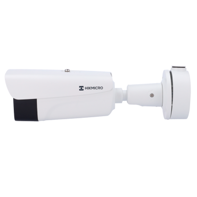 Câmara de vigilância branca e preta da marca HIKMICRO com suporte de montagem.