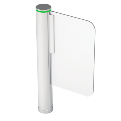 Portão giratório metálico com placa branca e sinalizador verde no topo