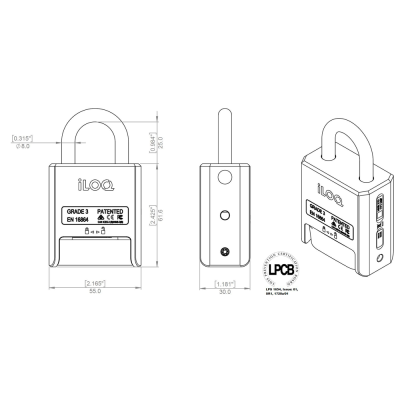 Desenho técnico de cadeado iLOQ com dimensões e etiquetas visíveis.