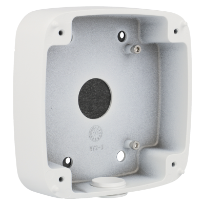 Caixa de montagem quadrada branca com interior cinzento e vários orifícios de fixação.