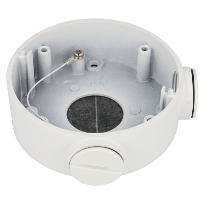 Caixa de montagem circular branca com dois orifícios laterais e parafusos internos