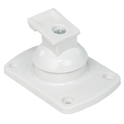 Suporte articulado branco para montagem com base retangular e parafusos.