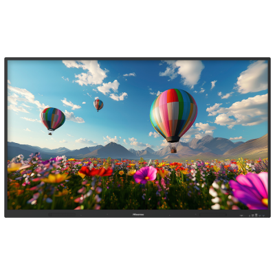 Monitor Hisense a mostrar balões de ar quente sobre um campo de flores coloridas