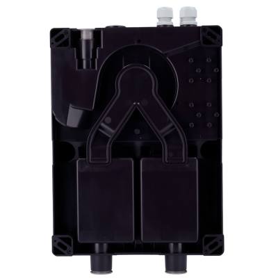 Unidade preta de plástico com conexões brancas e compartimentos