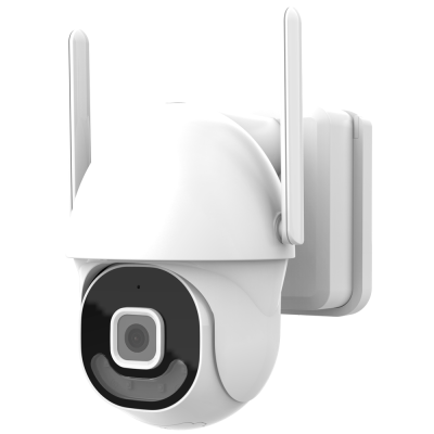 Câmara de vigilância exterior branca com duas antenas e suporte branco