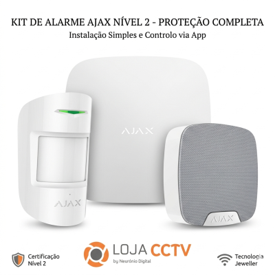 Kit de alarme AJAX Nível 2 com três dispositivos brancos e cinza