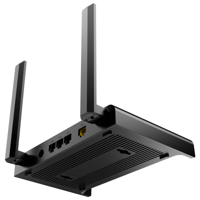 Router wireless preto com duas antenas e várias portas