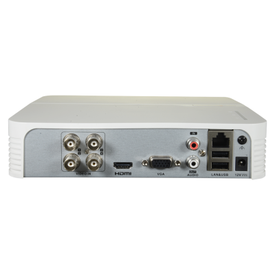 Dispositivo eletrónico branco com múltiplas portas de entrada e saída no painel traseiro