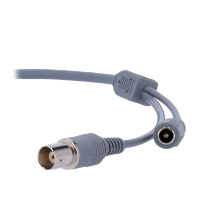 Cabo cinzento com conector BNC e duas saídas para alimentação, com presilha de plástico com setas e PULL.