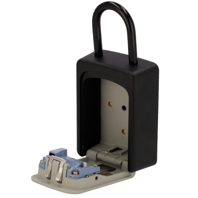 Mala de segurança para chaves aberta com componentes internos visíveis