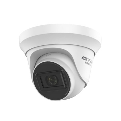 Câmara de segurança de cúpula branca com lente preta e marca Hikvision