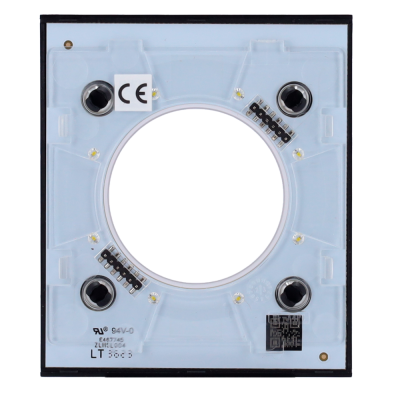 Módulo elétrico quadrado transparente com orifícios pretos e texto impresso