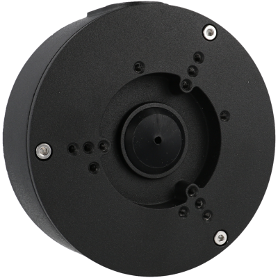 Dispositivo circular preto com parafusos e orifício central