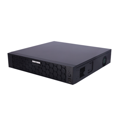 Aparelho eletrónico preto com grelha hexagonal e portas USB