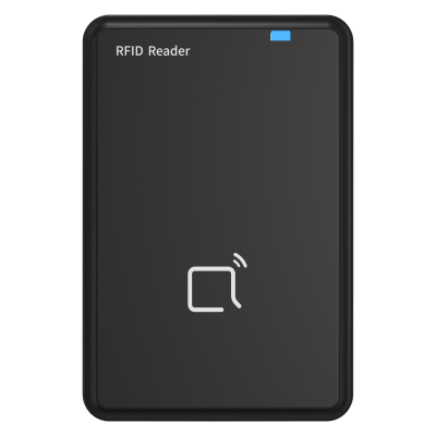 Leitor RFID preto retangular com ícone branco e texto