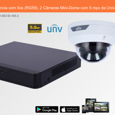 Sistema de videovigilância com DVR preto e câmara Mini-Dome branca com lente preta 5.0 MP