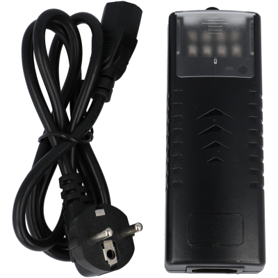 Cabo elétrico preto com plugue europeu e dispositivo rectangular preto