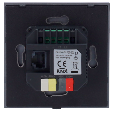 Módulo elétrico preto quadrado com conectores coloridos e etiqueta técnica