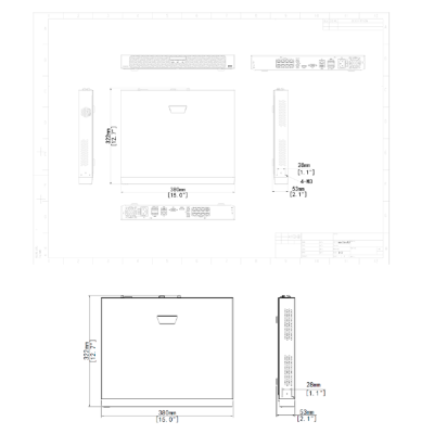 Desenho técnico de equipamento eletrônico branco com dimensões em mm e polegadas