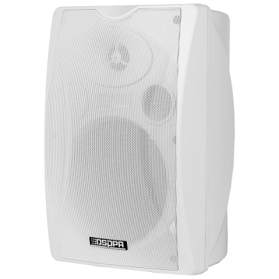 Coluna de som branca com grelha metálica perfurada e logótipo DSPPA