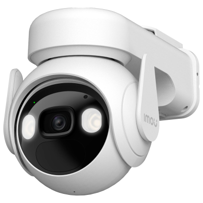 Câmara de segurança branca com lente central preta e duas luzes LED