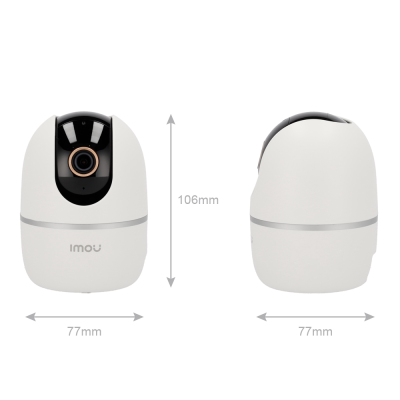 Câmara de segurança IMOU branca e preta com dimensões 106mm x 77mm x 77mm