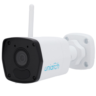 Câmara de segurança branca com antena Wi-Fi e detalhe preto