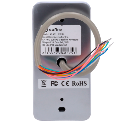 Dispositivo de controlo de acesso Safire com fios coloridos e etiquetas técnicas