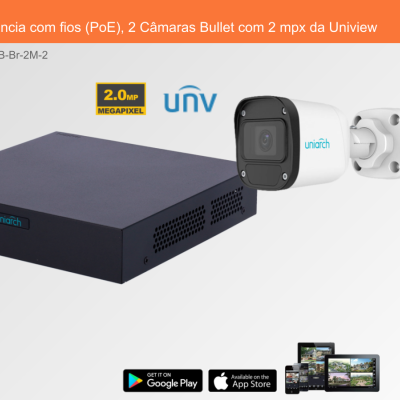 Sistema de videovigilância Uniview com caixa preta e duas câmaras Bullet brancas