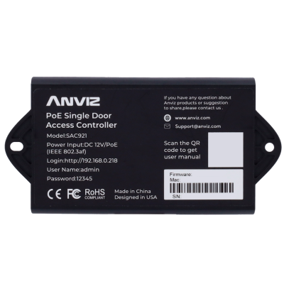 Controlador de acesso para porta única PoE ANVIZ SAC921 preto com informações de login e suporte em etiqueta