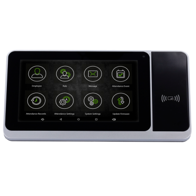 Dispositivo eletrónico cinza e preto com ecrã táctil a cores e ícones com texto em inglês para controlo de acessos